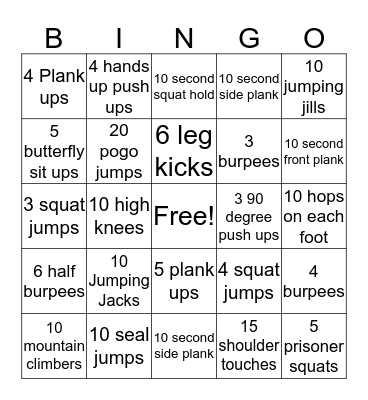 Fitness Bingo Card