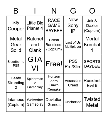 Sony Event 2023 Bingo Card