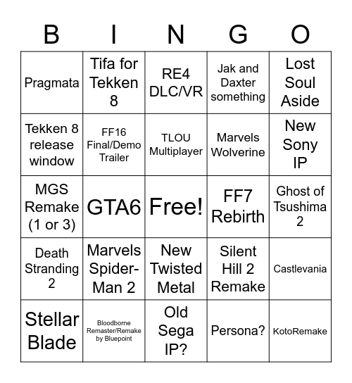 Playstation Showcase Bingo Card