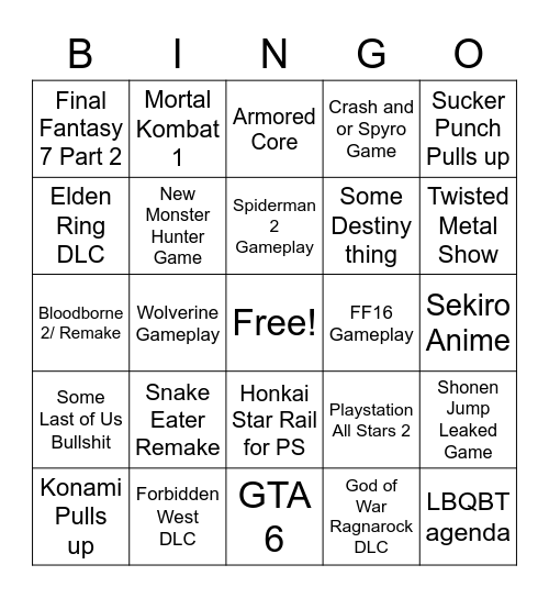 Playstation Bingo Card