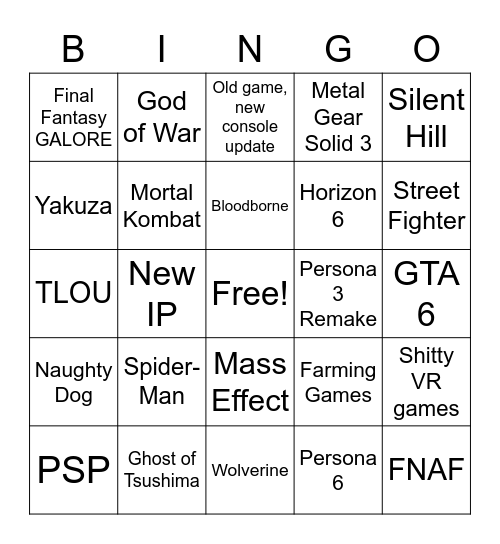 Playstation Bingo Card