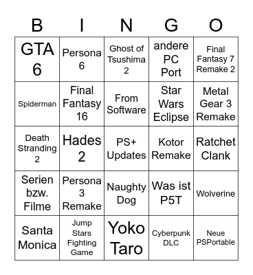 PS Showcase Bingo Card