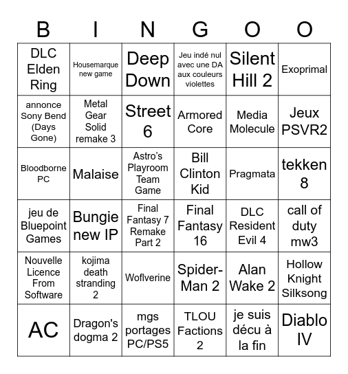 Playstation Showcase Bingo Card