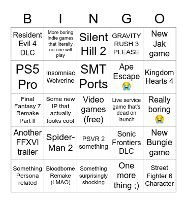 Playstation Showcase Bingo Card