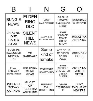 Sony Thing Bingo Card