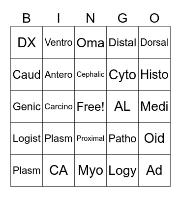 Medical Terminology Bingo Card