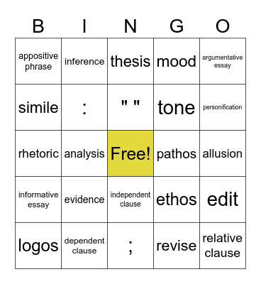 English 9B Bingo Card