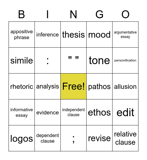 English 9B Bingo Card