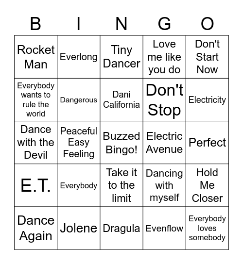 Songs or Artist's that Start with D or E Bingo Card