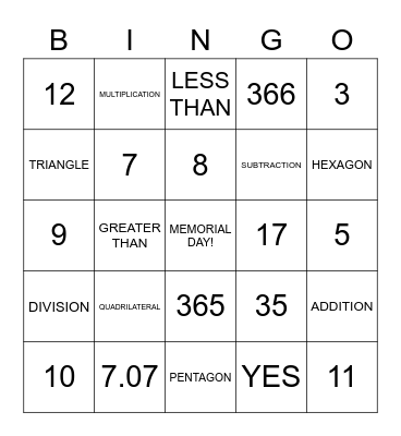 BINGO MATH REVIEW:  5/25/23 Bingo Card
