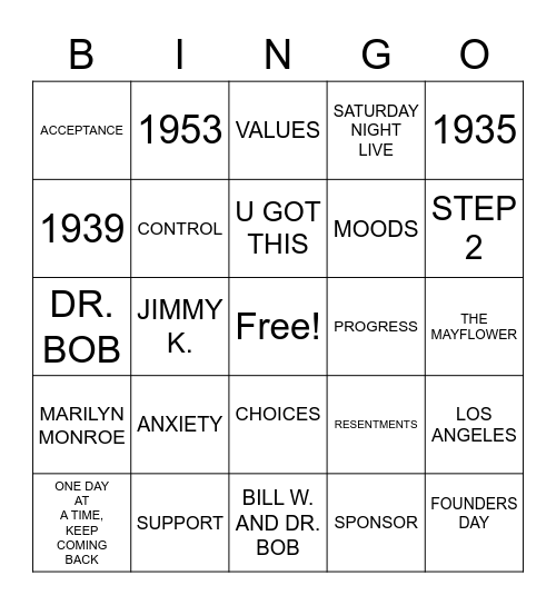 RECOVERY Bingo Card