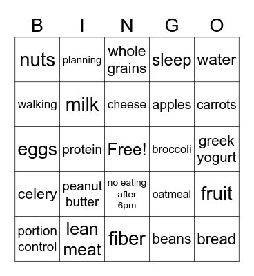 Nutrition Bingo Card