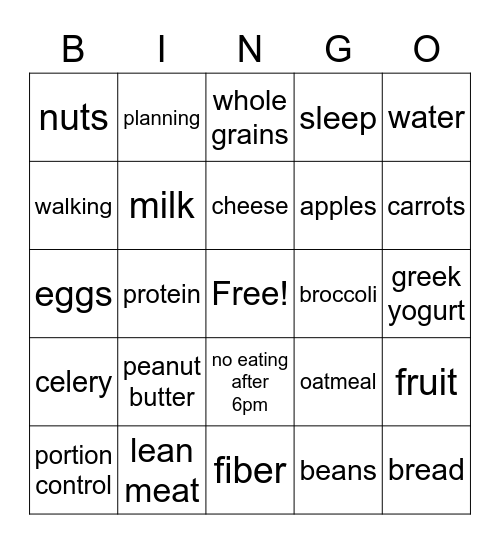 Nutrition Bingo Card