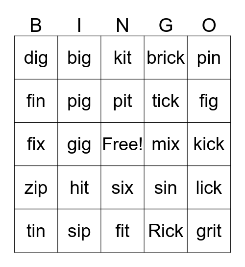 Short I in the middle Bingo Card