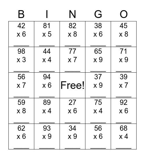 Double/Single Multiplication Bingo Card