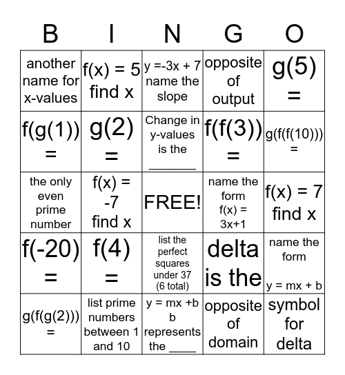 use these functions to solve f(x) = 2x-13, g(x) = x(11-x) Bingo Card
