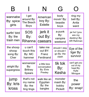 Just Dance New Years Bingo Card