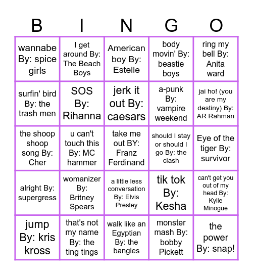 Just Dance New Years Bingo Card