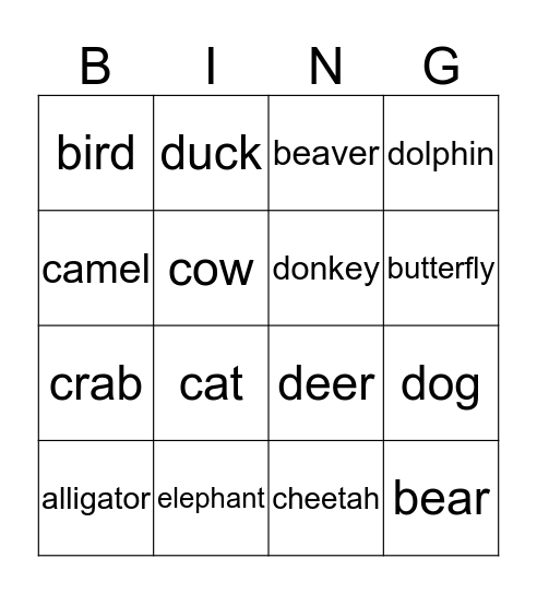 los animales Bingo Card