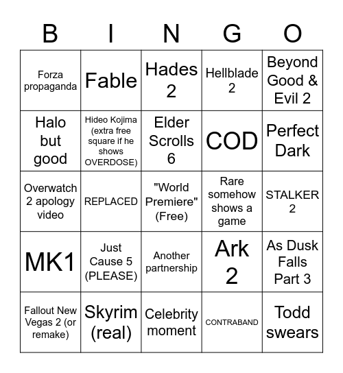 XBOX Event Bingo Card