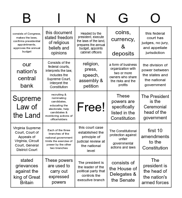 Civics SOL Review Bingo Card