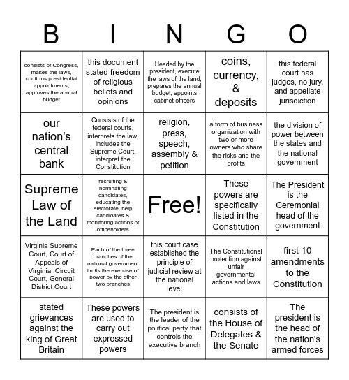 Civics SOL Review Bingo Card