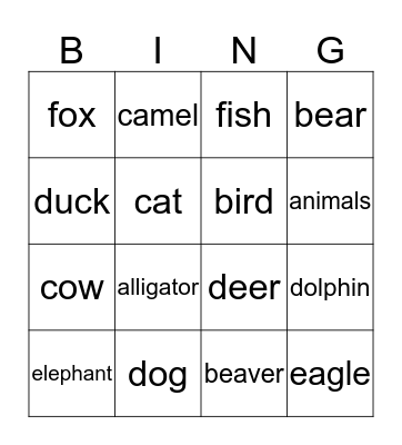 los animales Bingo Card