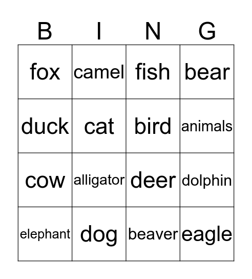 los animales Bingo Card