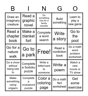 Summer Activities Bingo Card