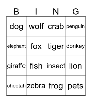 los animales Bingo Card