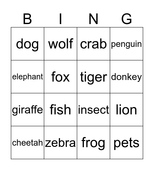 los animales Bingo Card