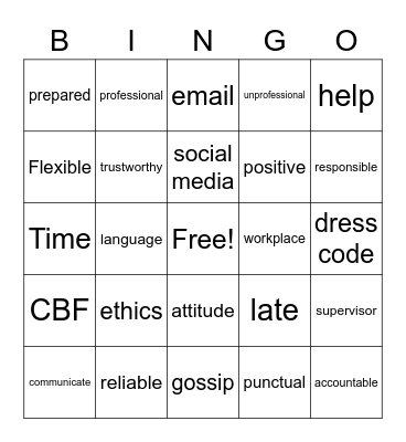 Workplace Professionalism Bingo Card