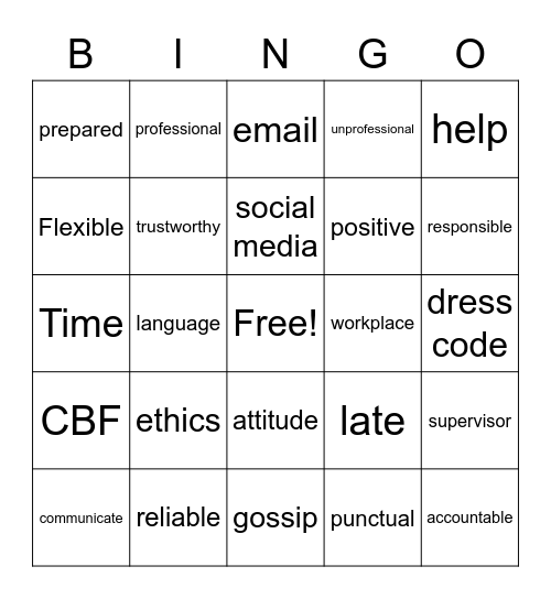Workplace Professionalism Bingo Card