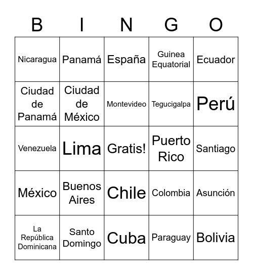 Spanish Speaking Countries and Capitals Bingo Card