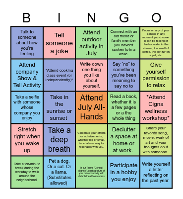 Mental Health Awareness Month Bingo Card