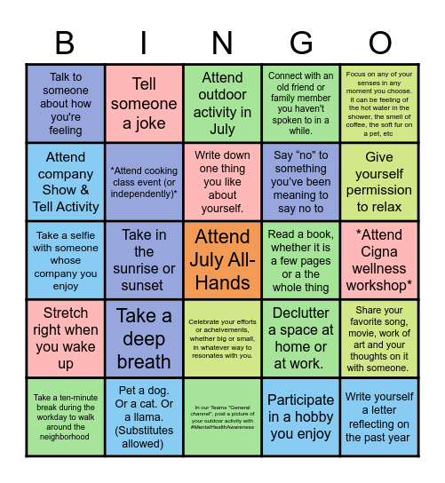 Mental Health Awareness Month Bingo Card