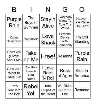 80s Music Bingo Card