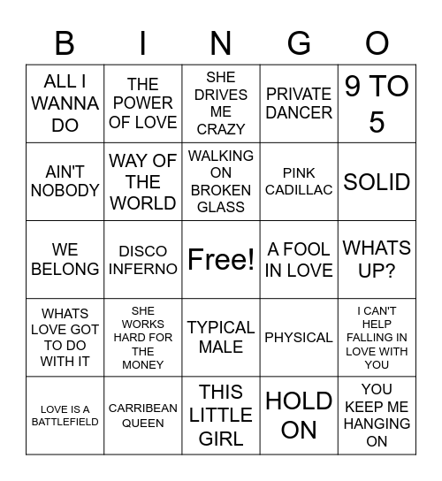 TINA TURNER RADIO Bingo Card