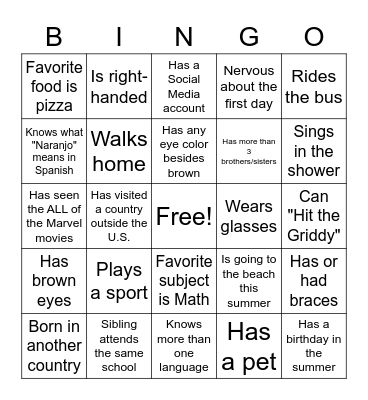 Classmates Bingo Card