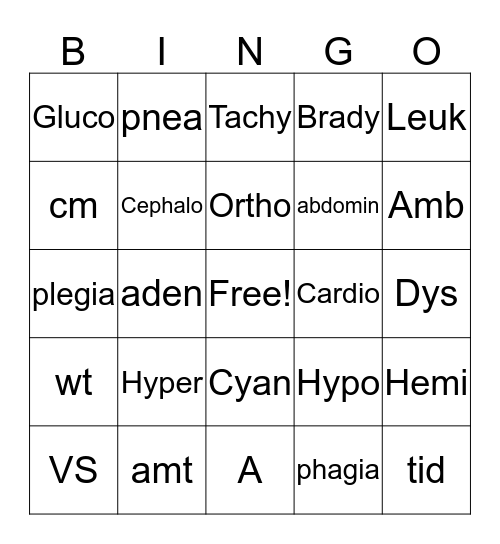 CNA Medical Terminology Review Bingo Card