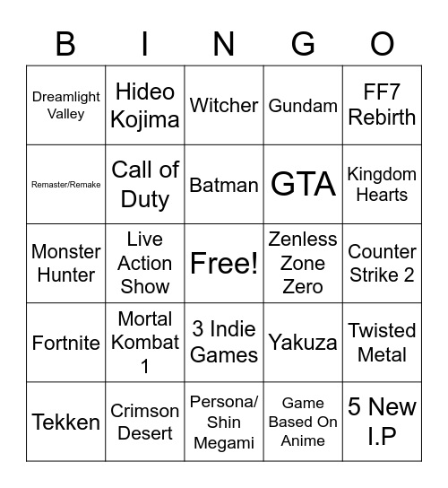 Summer Game Fest 2023 Bingo Card