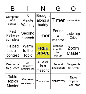 Toastmasters Club Bingo Card