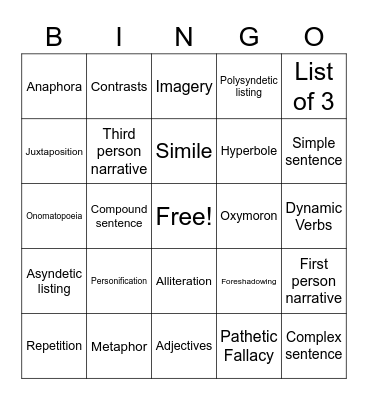 Language Techniques Bingo Card