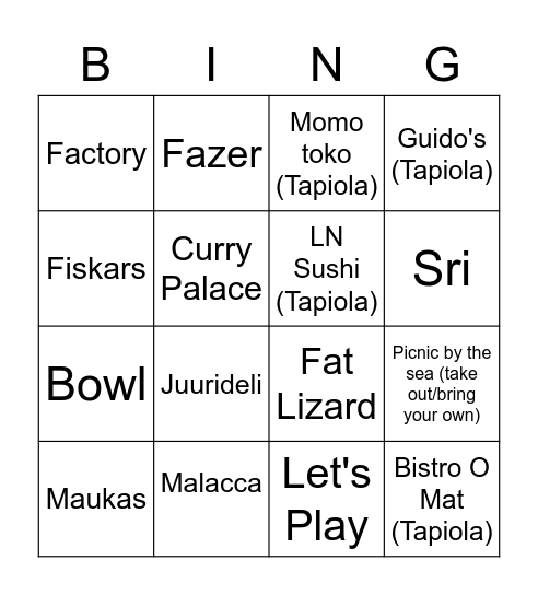 Lounas Bing(o) Espoo (1.6.-31.8.2023) Bingo Card