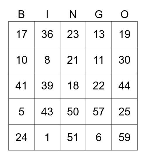 NUMBER BINGO 160 Bingo Card