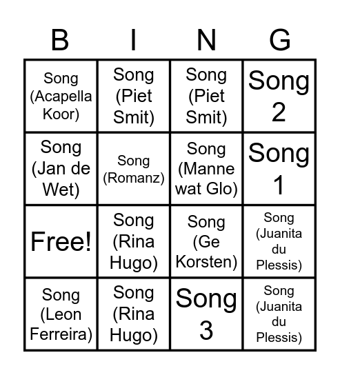 Afrikaanse Geestelike Musiek Bingo Card