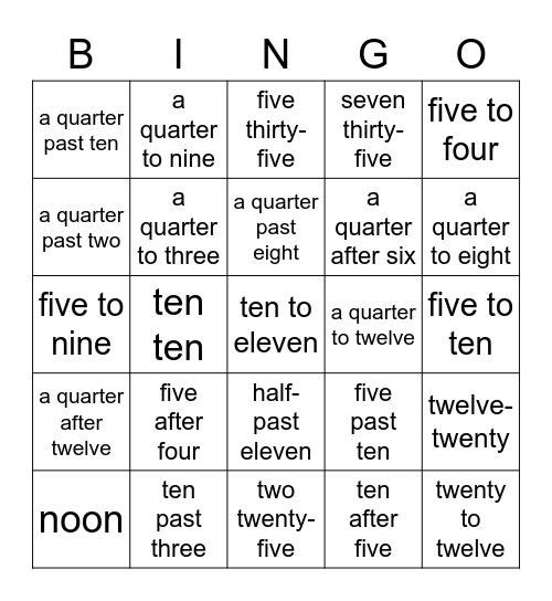 TIME BINGO- WORDS Bingo Card
