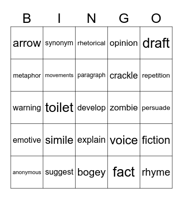 English Bingo Card