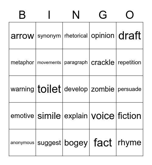 English Bingo Card