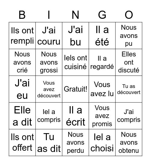 Le passé composé Bingo Card